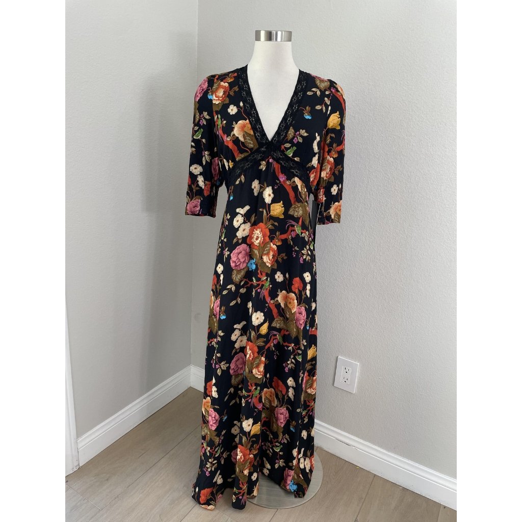 New Tuckernuck Dress Womens Large Black Baroque Floral Maxi 3/4 Sleeve Boho